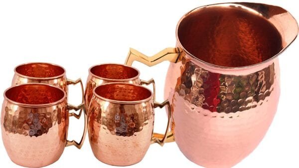 RASTOGI HANDICRAFTS-PURE COPPER HAND HAMMERED 1 JUG WITH 4 MUG-BROWN