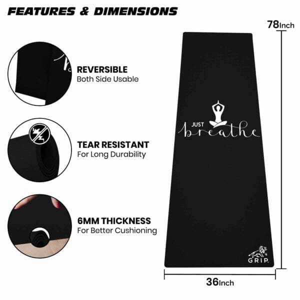 GRIPYOGRIPYOGA-UNISEX 12 MM THICKNESS JUST BREATH DESIGN YOGA MAT-BLACKGA-UNISEX 10 MM THICKNESS JUST BREATH DESIGN YOGA MAT-BLACK