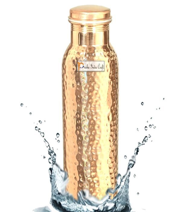 Prisha India Craft-Pure Copper Hammered Water Bottle-Gold (900 ml)