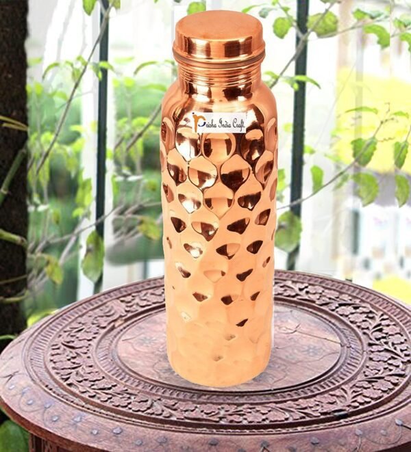 Prisha India Craft-Pure Copper Diamond Water Bottle-Golden (900 ml)