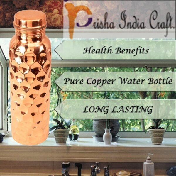 Prisha India Craft-Pure Copper Diamond Water Bottle-Golden (900 ml)