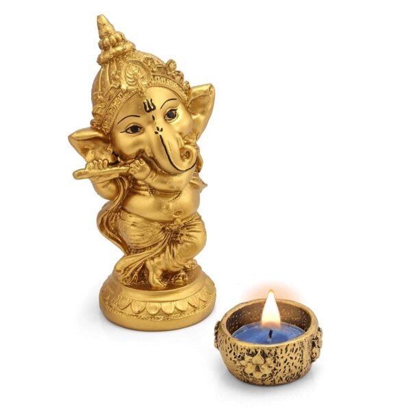 Beckon Venture-Handcrafted Lord Ganesha Murli Blowing Statue-Golden