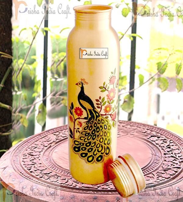 Prisha India Craft-Pure Copper Printed Water Bottle-Multicolor (1000 ml)