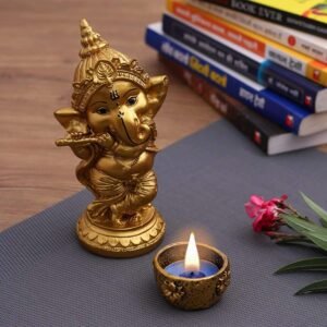 Beckon Venture-Handcrafted Lord Ganesha Murli Blowing Statue-Golden