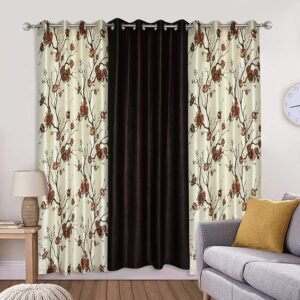 Reyansh Decor-Long Flower Print Polyester Curtain-Coffee (Pack Of 3)