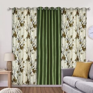 Reyansh Decor-Long Flower Print Polyester Curtain-Green (Pack Of 3)