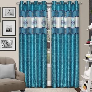 Reyansh Decor-Heavy Polyester Damask Punch Curtain-Aqua D (Pack Of 3)
