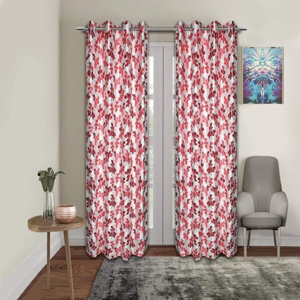 Reyansh Decor-Polyester Floral Grommet Curtain-Maroon Multi (Pack Of 3)