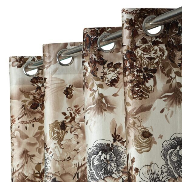 Reyansh Decor-Polyester Floral Grommet Curtain-Coffee (Pack Of 3)